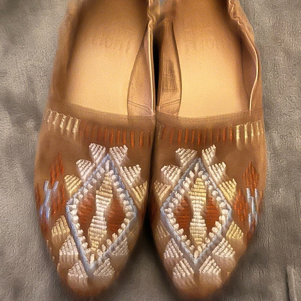 Embroidered Tan Slip-On Shoes